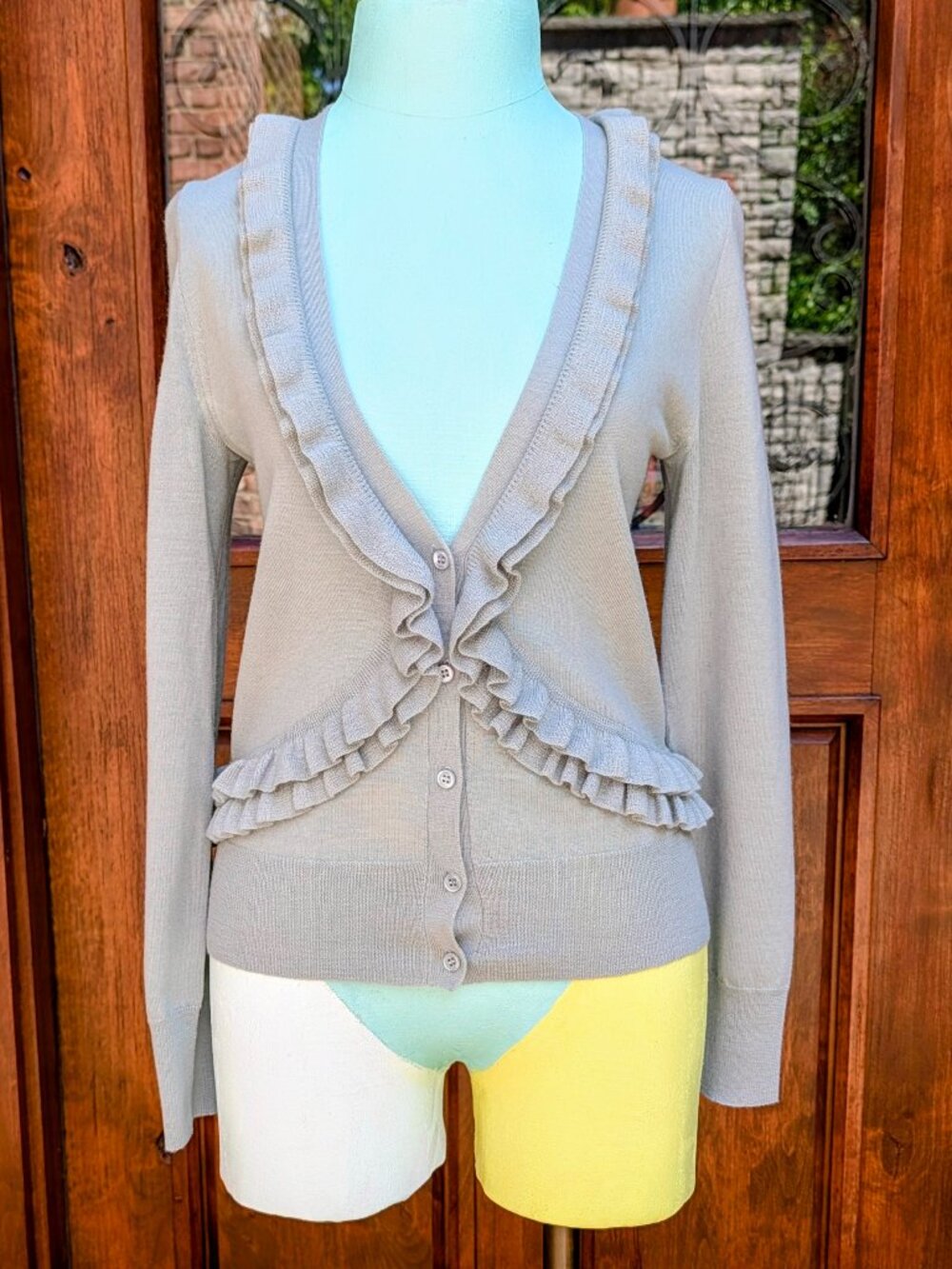 J. Crew Heather Gray Merino Wool Cardigan with Ruffled Trim - Size S